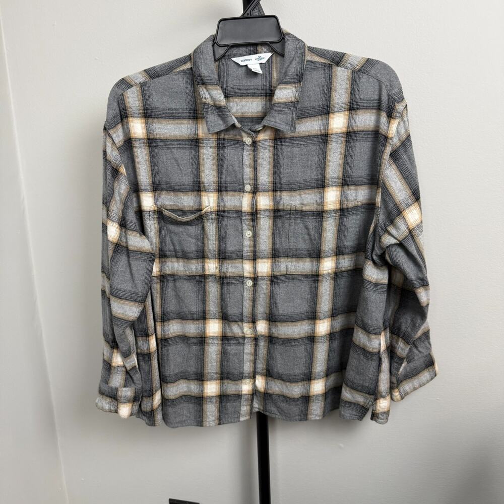 Old Navy Shirt Womens XXL Gray Plaid Flannel Long Sleeve Button Up Boyfriend